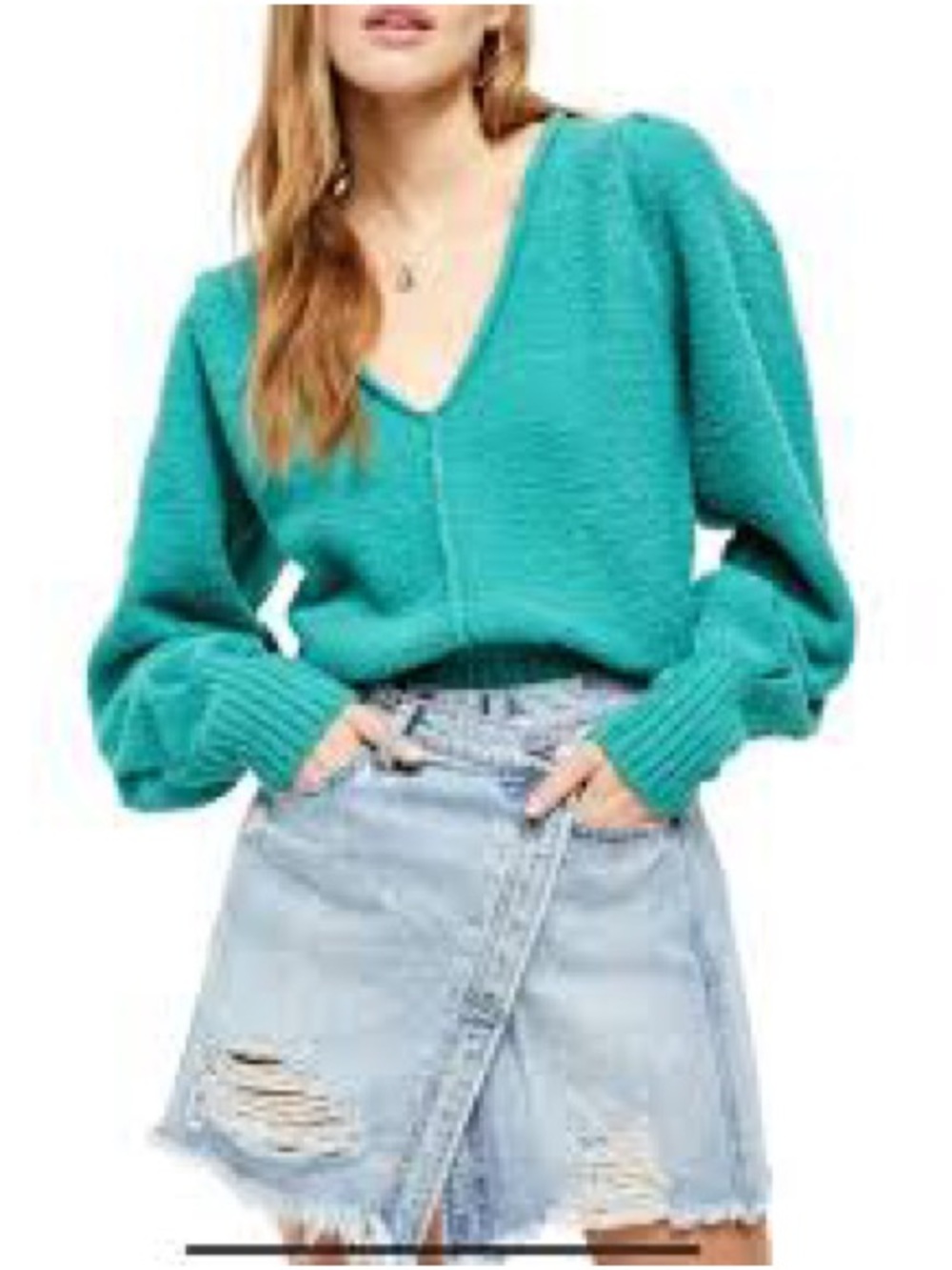 Free People Teal V-Neck Chunky Knit Sweater